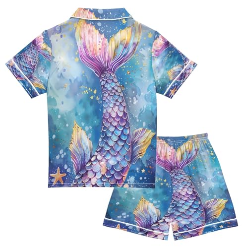 ALAZA Mermaid Starfish Watercolor Satin Pajamas Set Short Sleeve Button Down Sleepwear Summer Pjs 2 Piece2