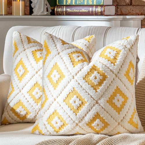 AmHoo Pack of 2 Decorative Throw Pillow Covers Rhomboid Luxury Super Soft Plush Set Case Cushion for Couch Sofa Bedroom 20 x 20-Inch Yellow