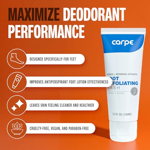 carpe exfoliating foot scrub - odor protection feet exfoliator scrub amp foot odor eliminator for feet - improves foot antiperspirant performance - minty fresh foot wash for women amp men