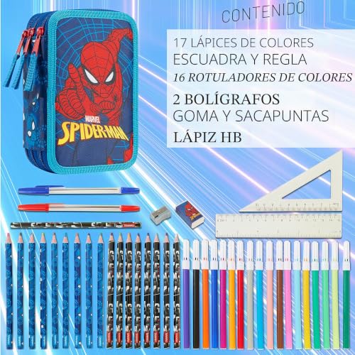 Miniatura 6 de Marvel Estuche Escolar Con Artículos De Papelería - Estuche Escolar Niño Con Material Escolar - Incluye Lápices Para Colorear, Rotuladores De Colores Y Más - Cosas Spiderman Triple Zip