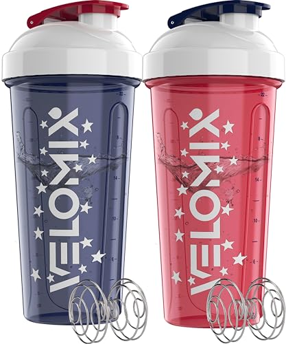VELOMIX -2 Pack- 28 oz Protein Shaker Bottles for Protein Mixes - 2x Wire Whisk | Leak Proof Shaker Cups for Protein Shakes and Pre Workout | Protein Shaker Bottle Pack (USA Flag)