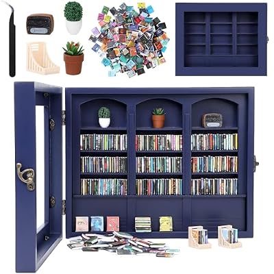 CapyBud Anxiety Bookshelf Mini Books Display for Stress Relief and Fun Decor Small Decorative Miniature Library Potted Plants Mini Radio for Book Lovers Gifts, Home, Office Decor, Dark Blue, Large