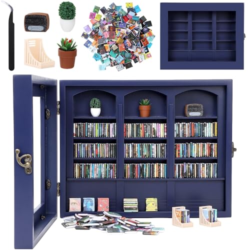 CapyBud Anxiety Bookshelf Mini Books Display for Stress Relief and Fun Decor Small Decorative Miniature Library Potted Plants Mini Radio for Book Lovers Gifts Home Office Decor Dark Blue Large