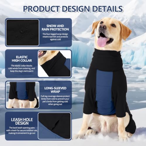 Image of BRKURLEG Fleece Dog Coat, Warm Full Body Dog Winter Jacket, Blue Black XXL