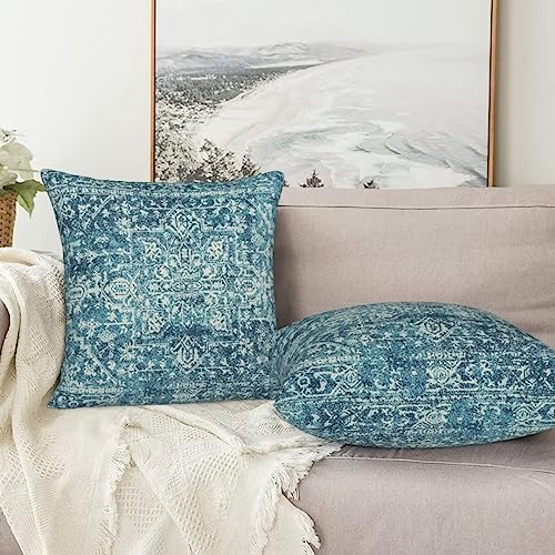 Sunshineyan Teal Boho Pillow Covers 18x18 Set of 2, Bohemian Carpet Pattern Outdoor Decorative Throw Pillows Linen Ethnic Design Rustic Farmhouse Cushion Cases for Couch Sofa Decor by Sunshineyan - Image 7