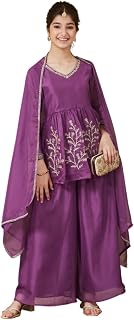Curly Tales Girls Organza Embroidered V-Neck Kurta Palazzo Dupatta Set |Peplum Set for Girls|Kids Ethnic wear Price In India