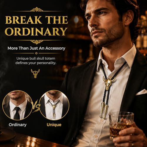 Image of Cowboy Bolo Tie for Men, Vintage Cow Skull Bolo Tie Necklace Native American Necktie for Men Women
