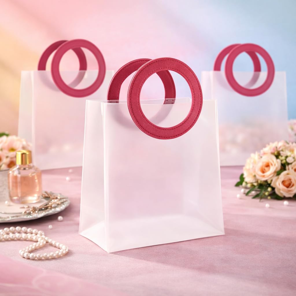SATYAM KRAFT 6 Pcs Reusable Translucent Leather Round Gift Bags with Carry Handle, Stylish Gift Packing Bags for Her & Him, Wedding Return Gifts, Birthday Party Hampers,Packing, Shopping, Events & Festival (Medium, 22 cm)