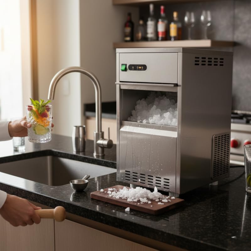 Machine à Glace Pilée en Paillettes – 30 kg/24h – Stockage 10 kg – Inox – Refroidissement à Air – Glace en Grains, Pilée et Paillettes