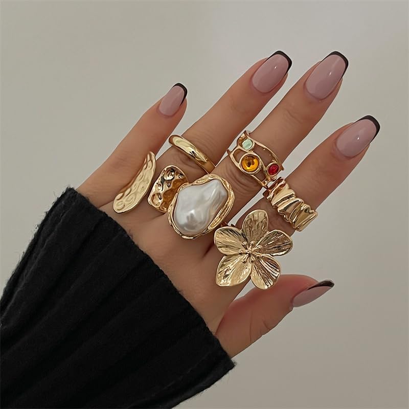 Miniatura 2 de RINHOO FRIENDSHIP 6 anillos gruesos de oro para mujer, no se deslustra, vintage, con flor de perla, apilables, ajustables, grandes, joyería única