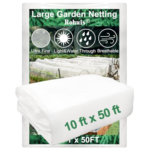 Rohuis Garden Netting Pest Barrier, 10 ft x 50 ft Ultra Fine Mesh Mosquito Cicada Bird Bug Net for Raised Garden Bed Greenhouse, Plant Row Cover for P