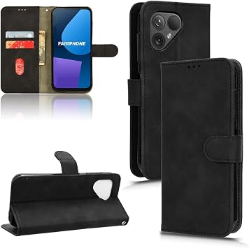 Fairphone 5 Case Compatible with Card Holder Flip Case PU Leather Phone Wallet Case with Wrist Strap Shockproof Protective Cover Black