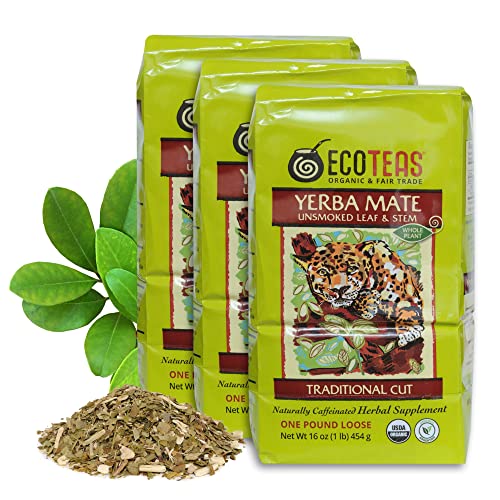 Image of ECOTEAS Organic Yerba Mate Loose Tea Traditional Cut 1 lb Bag Pack of 3