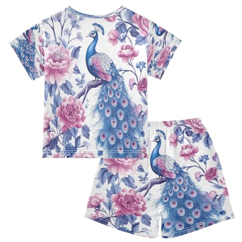 Pajama Sets Short Sleeve Peacock Among Pink Flowers Soft Cotton Summer Sleepwear 2 Piece PJS Size 5-14T2