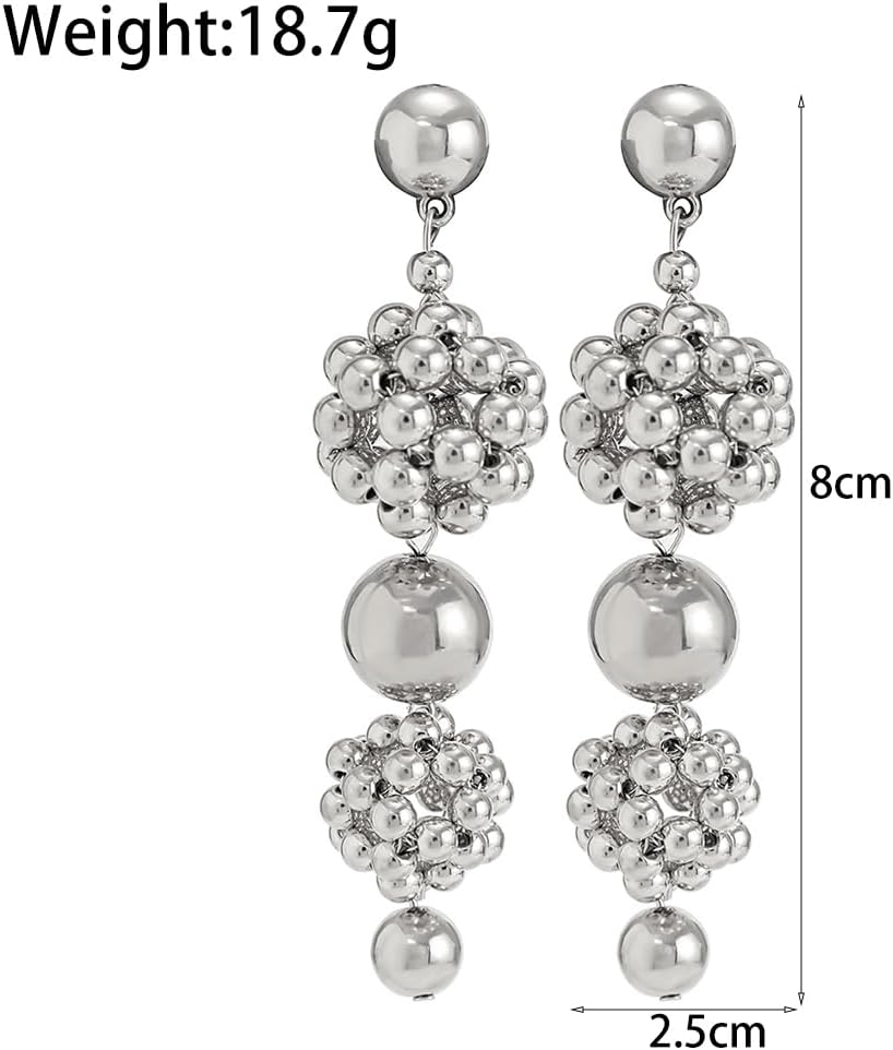 Chunky Gold Balls Drop Dangle Earrings for Women Her Trendy Silver Round Beaded Dangling Earrings Long Disco Ball Earrings Jewelry Accessories - Image 3