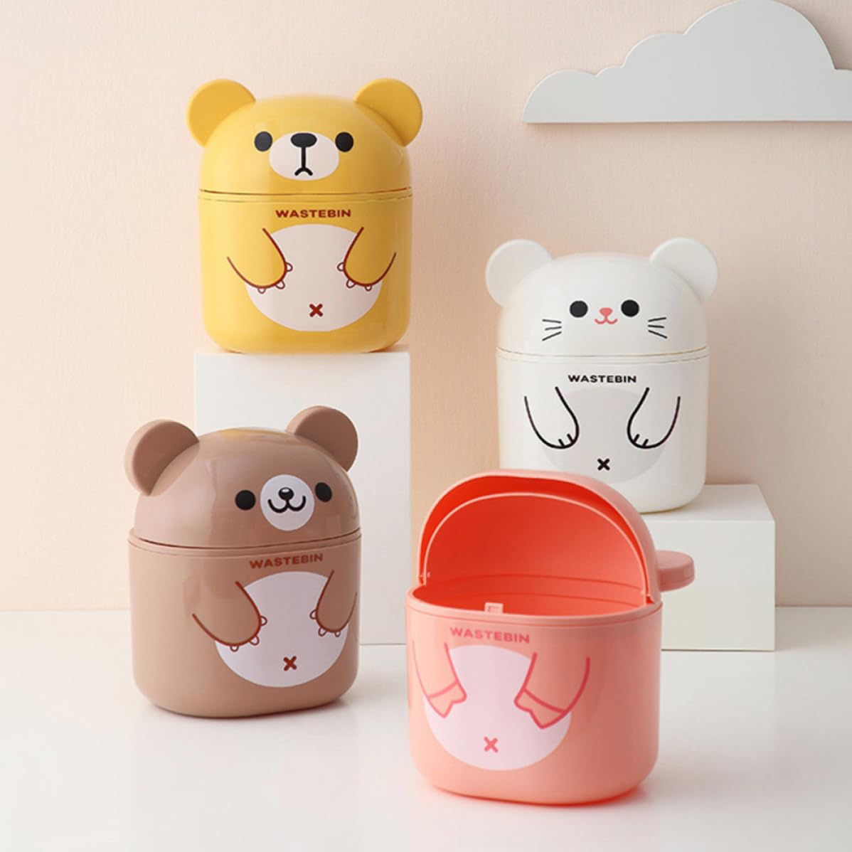 DOITOOL Mini Bote de Basura de Escritorio Ligero Pp Diseño de Oso Adorable Fácil de Abrir y Colocar Estable, Adecuado para Sala o Estudio