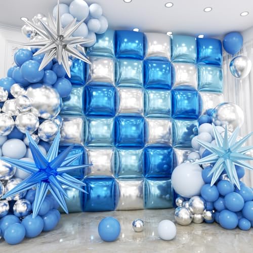 HKYOOD 36pcs Blue and Silver Square Foil Balloons Wall Backdrop with 121pcs Balloon Garland Arch Kit Double Sided Balloons for Birthday Bridal Shower Anniversary New Year Graduation Party Decorations