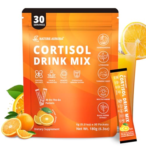 Cortisol Drink Mix Powder with Magnesium Glycinate L-Theanine Ashwagandha & Vitamin For Relax Focus & Calm Natural Cortisol Supplement for Women and Men Orange Flavor 30 Sticks