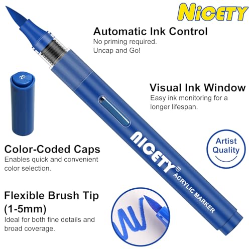 Image of NICETY 84 Colors Acrylic Paint Markers - Water-Based Brush Tip Acrylic Paint Pens with 1-5mm Flexible Tips and Automatic Ink Control for Rock Wood Glass Ceramic Fabric and Canvas