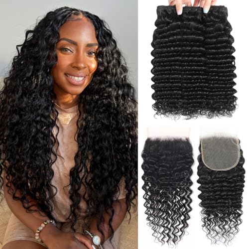 12A Deep Wave Bundles with Closure 14 16 18+12 Inch 5x5 HD Lace Closure 100% Brazilian Virgin Hair Wet and Wavy True to Length Quick Weave Bouncy Curly Look for Women Vacation Party