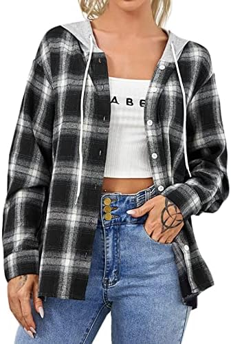 Verdusa Women's Plaid Button Front Long Sleeve Drawstring Hoodie Overshirt Jacket Black M