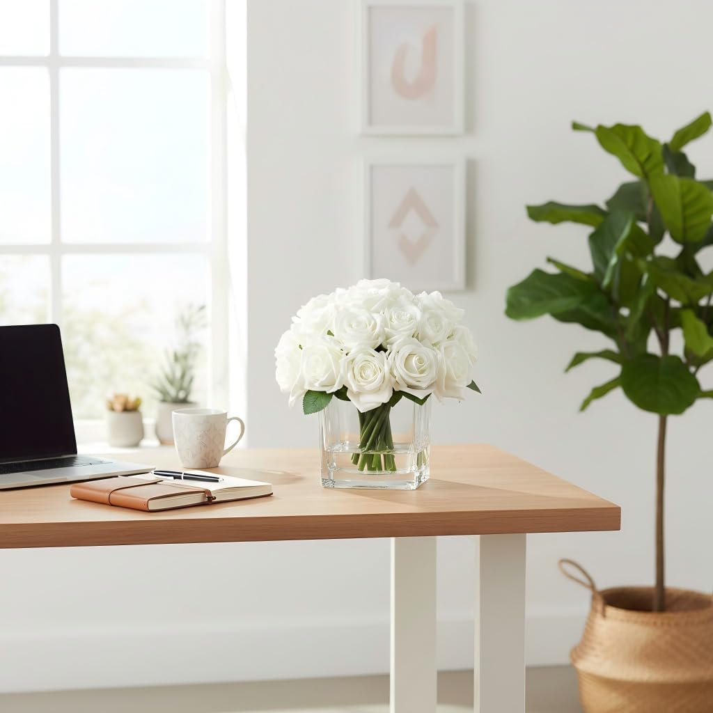 18 Heads Artificial Flowers in Vase with Fake Water, Faux Rose with Vase for Dining Table Bedroom Wedding Decor (Cream) - Image 5