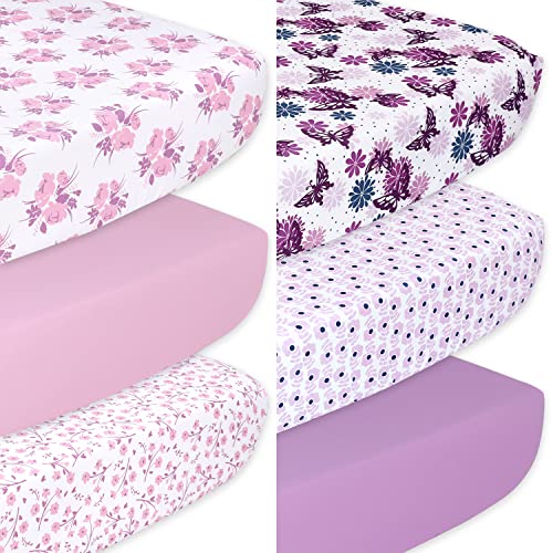 Image of The Peanutshell Purple Floral and Butterfly Fitted Crib Sheets for Girls | 6 Pack