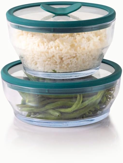 Anyday 4-Piece Medium Glass Food Storage with Glass Lids | Plastic-Free Meal Prep & Microwave Cookware | Stackable Airtight Storage Container with Vented Lid for Microwave-Safe Reheating