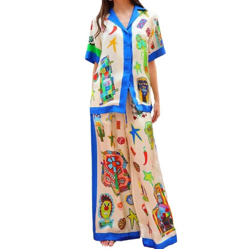 Womens Casual Summer 2 Piece Beach Outfit Button Down Shirt and Wide Leg Pants Pajamas Lounge Sleepwear Sets