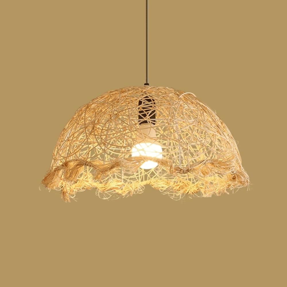 CHUNGYANG Half Dome Pendant Light Hand-Woven Rattan Chandelier Light Fixture 15.7 Inch Pendant Lighting with Adjustable Suspension Line Creative Pastoral Rattan Woven Restaurant Decorative Lamp