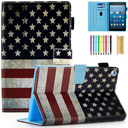 Dteck Case for Fire HD 8 (Previous Generation-8th/7th/6th Generation, Released in 2018 2017 2016) - Smart Stand Wallet Cover Slim Flip Leather Protector Case with Pencil Holder/Stylus Pen (US Flag)