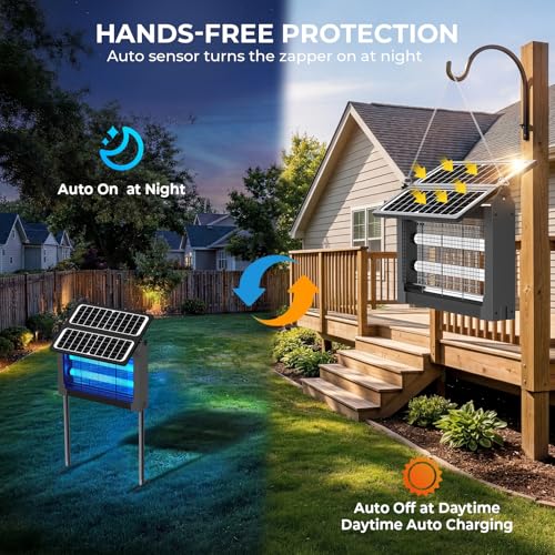Upgraded Solar Bug Zapper Outdoor with Dual Panels, 4500V Cordless Rechargeable Fly Insect Killer Waterproof Electric Mosquitoes Zapper for Patio Garden Backyard RV Camping Pond — view 5