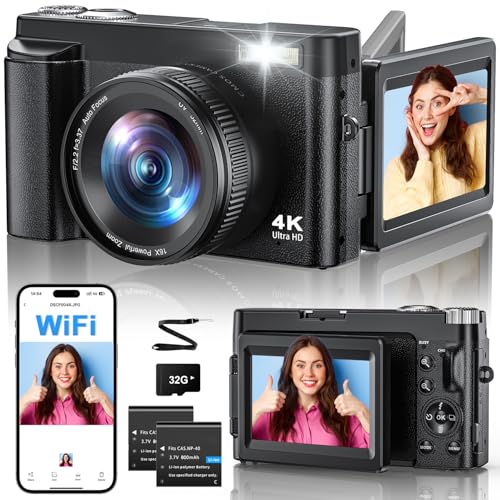 Cámara Digital 4K 64MP con WiFi, 16X Zoom Digital, Enfoque Automático, Monitor LCD 7,6 cm y Pantalla 180° Volteable para Vlogs Selfies. Incluye Tarjeta 32 GB y 2 Baterías, Ideal para Principiantes Cámara Digital 4K 64MP con WiFi, 16X Zoom Digital, Enfoque Automático, Monitor LCD 7,6 cm y Pantalla 180° Volteable para Vlogs Selfies. Incluye Tarjeta 32 GB y 2 Baterías, Ideal para Principiantes