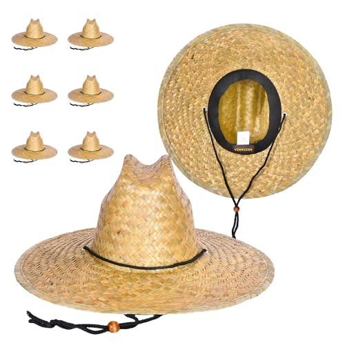 NESTANZA 6 Pack Straw Hats for Men, Bulk Wide Brim Lifeguard Sun Hats, Natural Seagrass