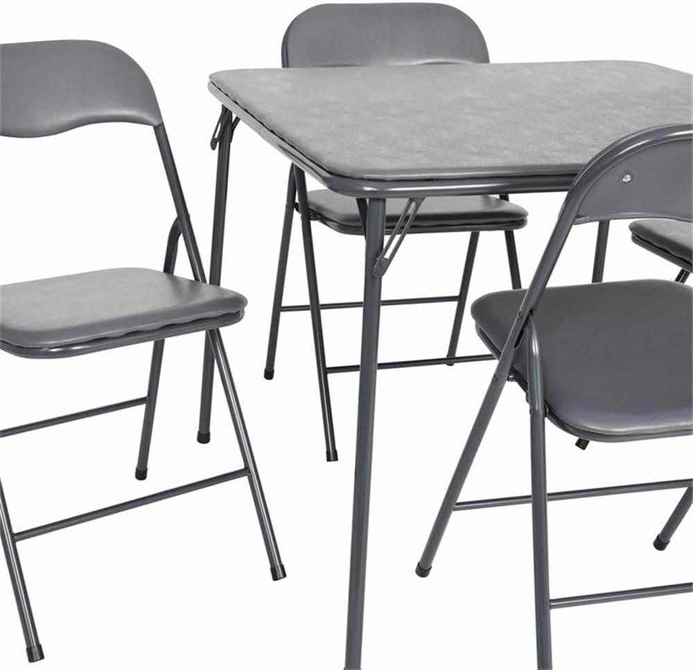Pemberly Row 5 Piece Folding Card Table & Chair Set, 33.5 in Square Vinyl Padded Tabletop, Gray Powder Coated Metal Legs, Foam Cushioned Seat, Portable Indoor/Outdoor Use, Compact Game or Dining Table