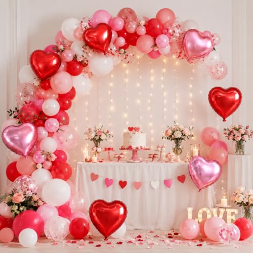 Image of Wanna Party Pack of 10 Red & Pink Heart Shaped Foil Balloons, 18 Inch Helium Quality Balloons for Anniversary, Birthday, Wedding, Valentine's Day & Romantic Party Decoration