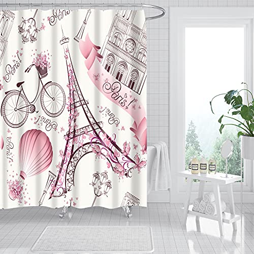 Girly Pink Theme Paris Eiffel Tower Shower Curtain Pink Flowers Butterflies Hot Air Balloon And Bicycle Cloth Fabric For Valentine Bathroom Decor Or Gift #TOP2