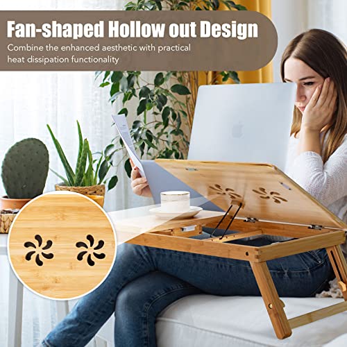 Tangkula 100% Bamboo Laptop Desk With Tilting Top & Drawer, Height Adjustable Portable Breakfast Serving Bed Tray With Heat-Dissipation Holes, Folding Bed Table For Surfing Reading Writing Eating #TOP2