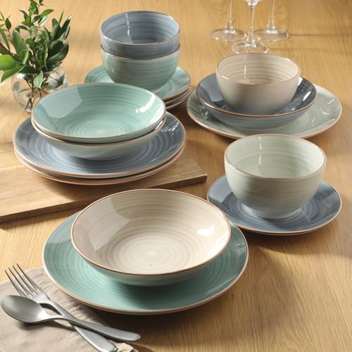 Image of Gibson Home Stonebury 16 Piece Plates and Bowls Assorted Color Dishes - Handpainted Stoneware Dinnerware Set - Service for 4