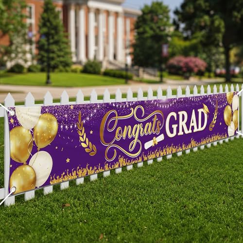 Image of Graduation Decorations 2026 | Purple and Gold Congrats Grad Banner - 120x20 Inch | Purple and Gold Graduation Yard Banner for Outdoor | Graduation Party Decorations 2026 | KatchOn