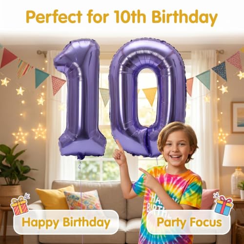 Image of Number 10 Balloon Foil Mylar Balloons for Birthday Party Decoration (Purple, 40 Inch)