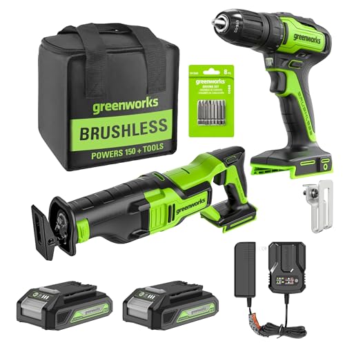 Image of Greenworks 24V Brushless 2 pcs Cordless Power Tool Combo Kit, Include 310 in. /lbs Drill Driver 18+1 Position Clutch, 1 /2 '' Keyless Chuck, 1-1 /8 inch Reciprocating Saw, 2 x 2Ah Batteries and 1x Charger
