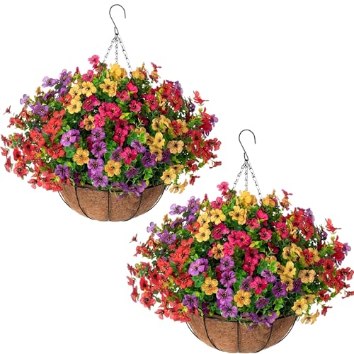 Pinsjar 2 Set Artificial Faux Hanging Plants Flowers Basket Fake Silk UV Sun Resistant Colorful Daisy for Spring Summer Front Porch Garden Patio Home Decor (2, Red, Purple, Yellow, Rose Red)