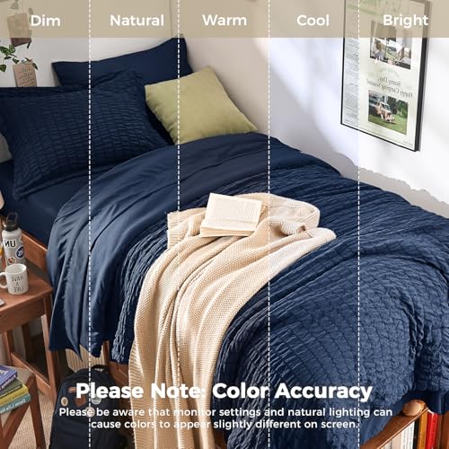Image of HYMOKEGE Navy Blue Twin XL Comforter Set Seersucker 5 Pieces, All Season Luxury Bed in a Bag for Bedroom, Bedding Set with Comforter, Sheets, Pillowcase & Sham