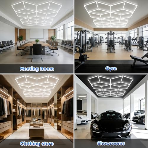 ALLYES Hexagon Garage Lights, LED Honeycomb Garage Lights, 338W 40560LM 6500K, 21 Rhombus Car Detailing Lighting for Workshop Showroom Basement Gym by ALLYES - Used condition - Image 7