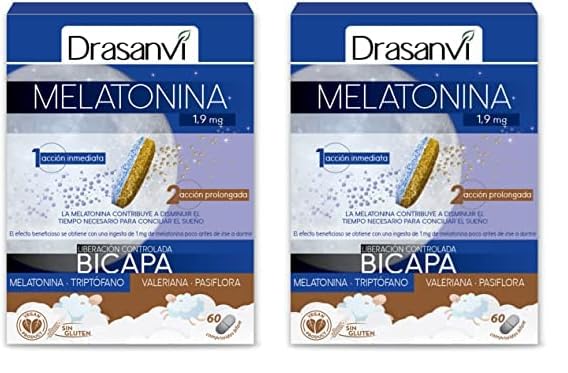 DRASANVI Melatonina Bicapa de 1,9 mg con Triptófano, Pasiflora y Valeriana | Doble Acción |Contribuye a Conciliar el Sueño de manera rápida y a una Relajación Natural | Envase 60 comp. : 60 Días