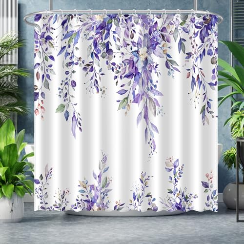 ACZHHZC Eucalyptus Leaves Shower Curtain, Aesthetic Art Watercolor Plant Floral Leaf Bathroom Decor, Waterproof Fabric Cloth Bath Curtain Set with Hooks (Purple, 72x72 Inches)