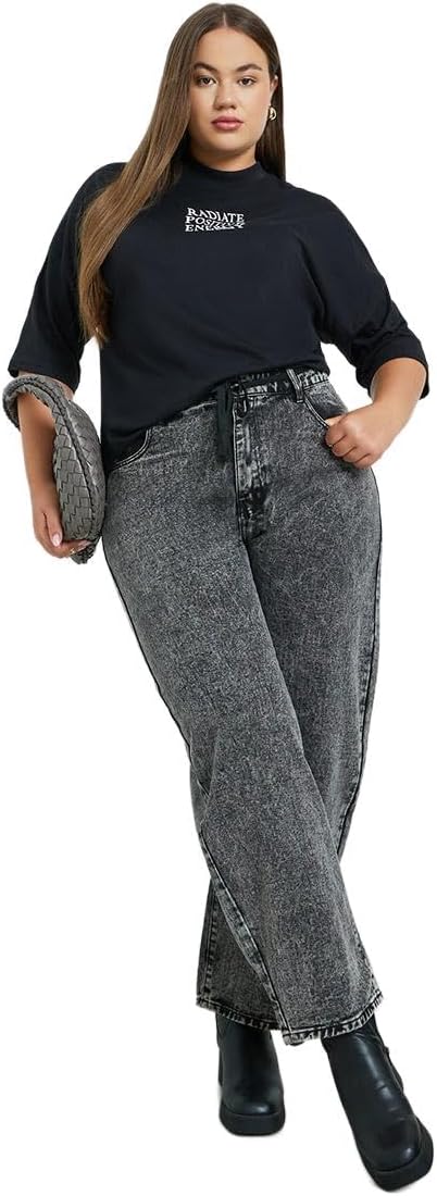 Styli Women Plus Size Grey Barrel Leg Jeans