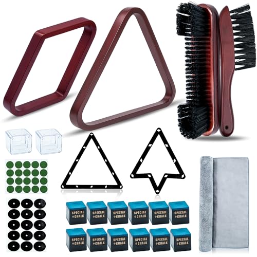 Pool Ball Rack with Pool Table Brush Kit, Billiards Triangle for 2-1/4" Ball, 8/9 Ball Triangle Diamond Magic Rack with Pool Chalk Pool Table Accessories (Wine Red)