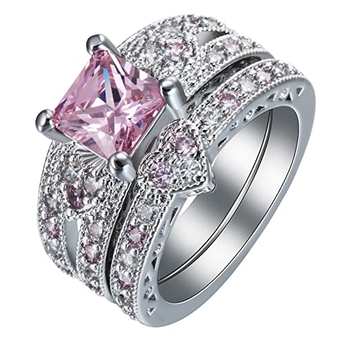 Whoiy 2 Ring, Damen Ringe mit Anhänger Silber Eheringe 2 Ring-Set Hohles Herz Viereckig Zirkonia Pink 62 (19.7) Verlobungsring für Frauen Cover